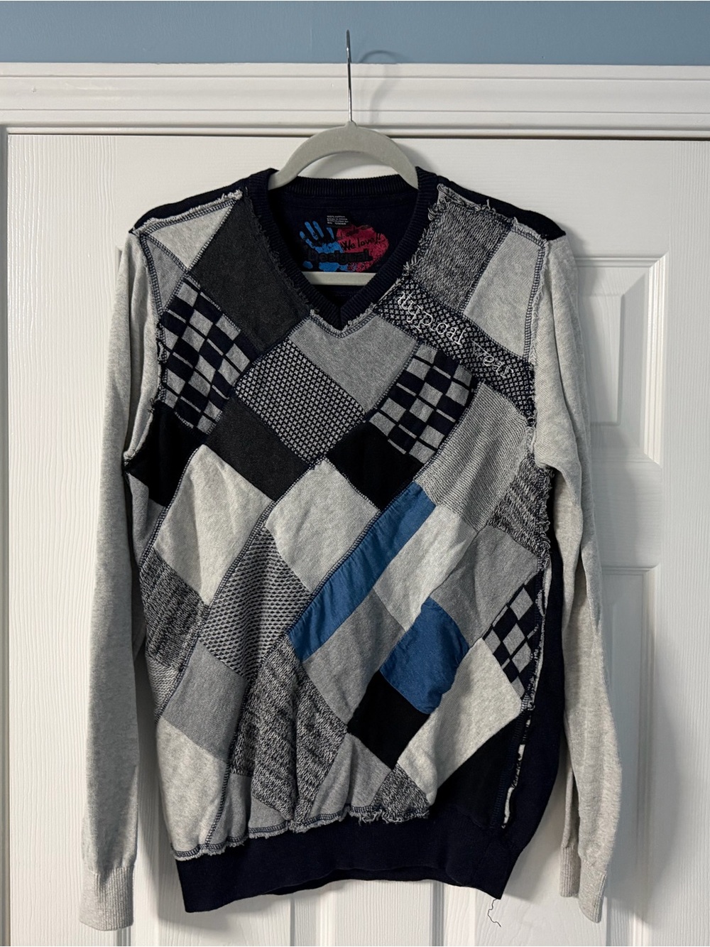 Desigual Men's Patchwork V-Neck Sweater in Gray, Navy and Blue